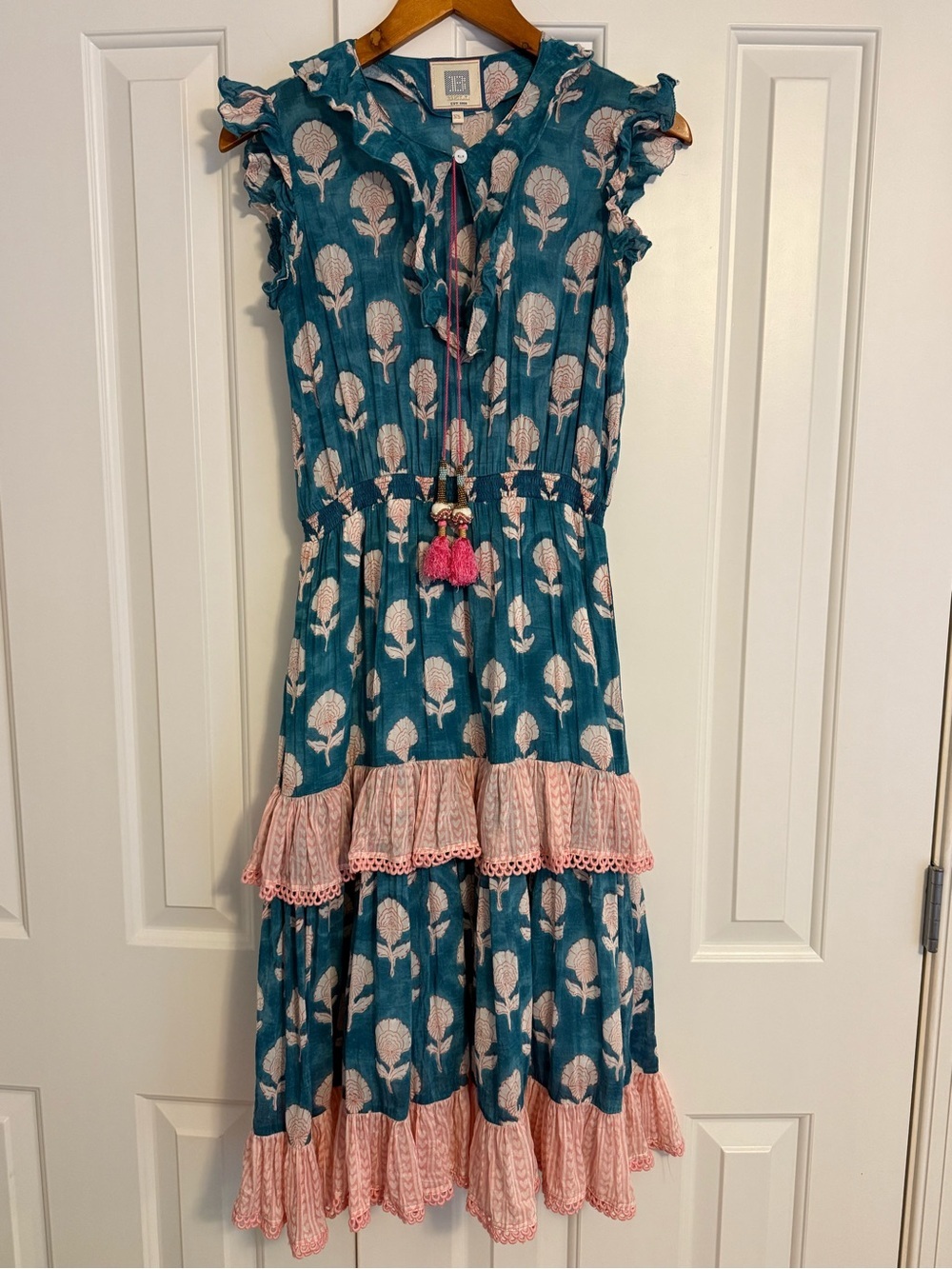 Bell by Alicia Bell Boho Tiered Dress Size XS Silk Blend Block Print with Tassel
